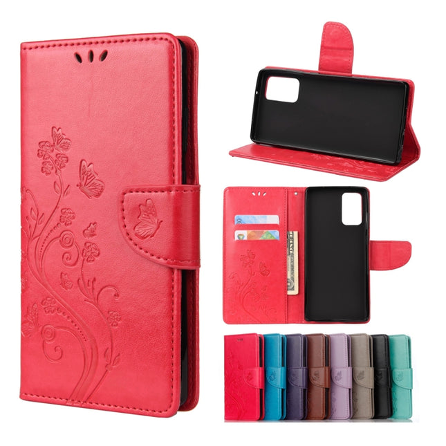 For Samsung Galaxy Note20 Ultra Butterfly Flower Embossing Horizontal Flip Leather Case with Holder & Card Slots & Wallet(Red)-garmade.com