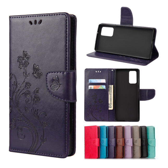 For Samsung Galaxy Note20 Ultra Butterfly Flower Embossing Horizontal Flip Leather Case with Holder & Card Slots & Wallet(Dark Purple)-garmade.com