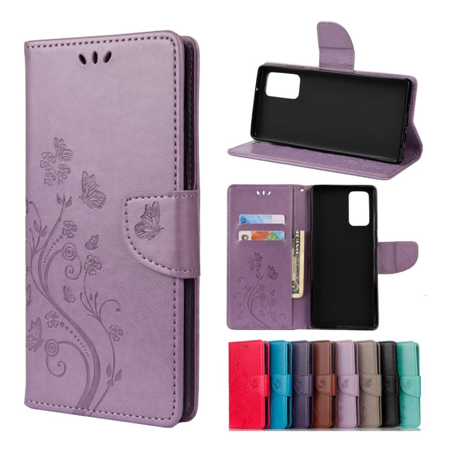 For Samsung Galaxy Note20 Ultra Butterfly Flower Embossing Horizontal Flip Leather Case with Holder & Card Slots & Wallet(Light Purple)-garmade.com