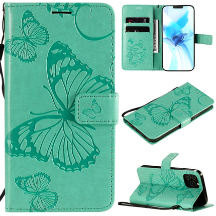 For iPhone 12 / 12 Pro 3D Butterfly Embossed Pattern Horizontal Flip Leather Case with Holder & Card Slot & Wallet & Lanyard(Green)-garmade.com