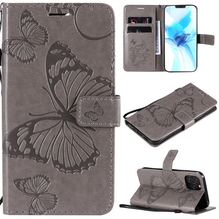 For iPhone 12 / 12 Pro 3D Butterfly Embossed Pattern Horizontal Flip Leather Case with Holder & Card Slot & Wallet & Lanyard(Grey)-garmade.com