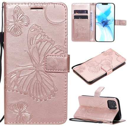 For iPhone 12 / 12 Pro 3D Butterfly Embossed Pattern Horizontal Flip Leather Case with Holder & Card Slot & Wallet & Lanyard(Rose Gold)-garmade.com