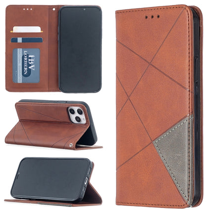 For iPhone 12 / 12 Pro Rhombus Texture Horizontal Flip Magnetic Leather Case with Holder & Card Slots(Brown)-garmade.com