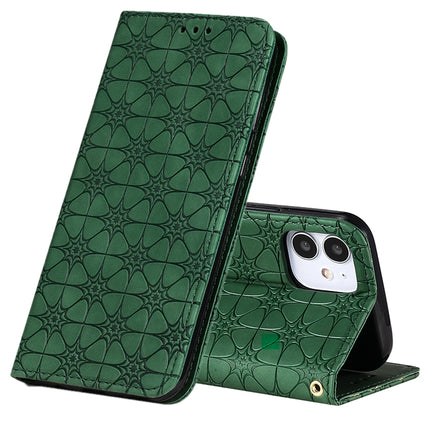 For iPhone 12 mini Lucky Flowers Embossing Pattern Magnetic Horizontal Flip Leather Case with Holder & Card Slots(Dark Green)-garmade.com