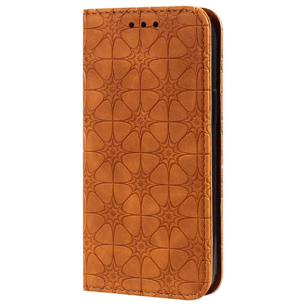For iPhone 12 mini Lucky Flowers Embossing Pattern Magnetic Horizontal Flip Leather Case with Holder & Card Slots(Yellow Brown)-garmade.com