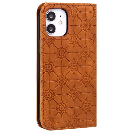 For iPhone 12 mini Lucky Flowers Embossing Pattern Magnetic Horizontal Flip Leather Case with Holder & Card Slots(Yellow Brown)-garmade.com