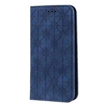 For iPhone 12 / 12 Pro Lucky Flowers Embossing Pattern Magnetic Horizontal Flip Leather Case with Holder & Card Slots(Dark Blue)-garmade.com
