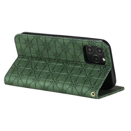 For iPhone 12 / 12 Pro Lucky Flowers Embossing Pattern Magnetic Horizontal Flip Leather Case with Holder & Card Slots(Dark Green)-garmade.com