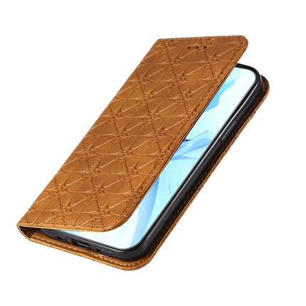 For iPhone 12 / 12 Pro Lucky Flowers Embossing Pattern Magnetic Horizontal Flip Leather Case with Holder & Card Slots(Yellow Brown)-garmade.com
