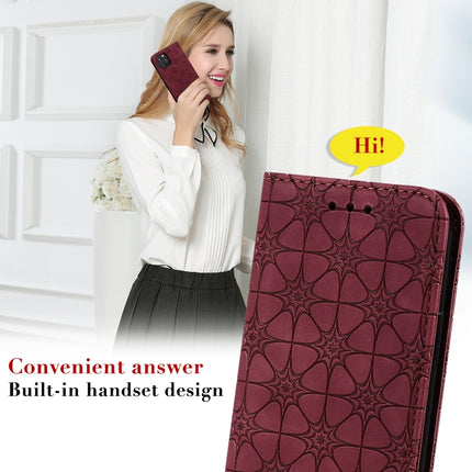 For iPhone 12 / 12 Pro Lucky Flowers Embossing Pattern Magnetic Horizontal Flip Leather Case with Holder & Card Slots(Wine Red)-garmade.com