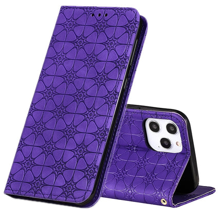 For iPhone 12 Pro Max Lucky Flowers Embossing Pattern Magnetic Horizontal Flip Leather Case with Holder & Card Slots(Purple)-garmade.com
