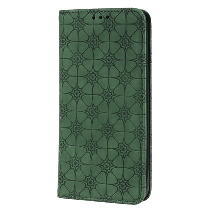 For iPhone 12 Pro Max Lucky Flowers Embossing Pattern Magnetic Horizontal Flip Leather Case with Holder & Card Slots(Dark Green)-garmade.com