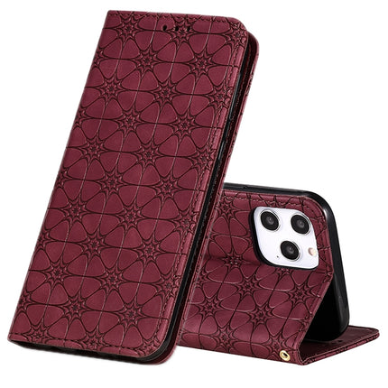 For iPhone 12 Pro Max Lucky Flowers Embossing Pattern Magnetic Horizontal Flip Leather Case with Holder & Card Slots(Wine Red)-garmade.com