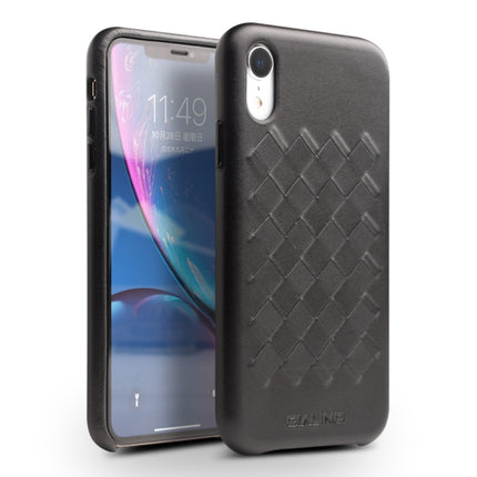 For iPhone XR QIALINO Shockproof Weave Cowhide Leather Protective Case(Black)-garmade.com