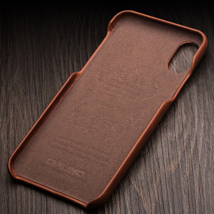 For iPhone X / XS QIALINO Shockproof Cowhide Leather Protective Case with Card Slot(Light Brown)-garmade.com