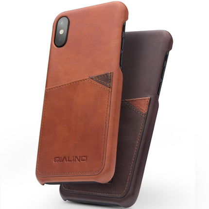 For iPhone X / XS QIALINO Shockproof Cowhide Leather Protective Case with Card Slot(Light Brown)-garmade.com