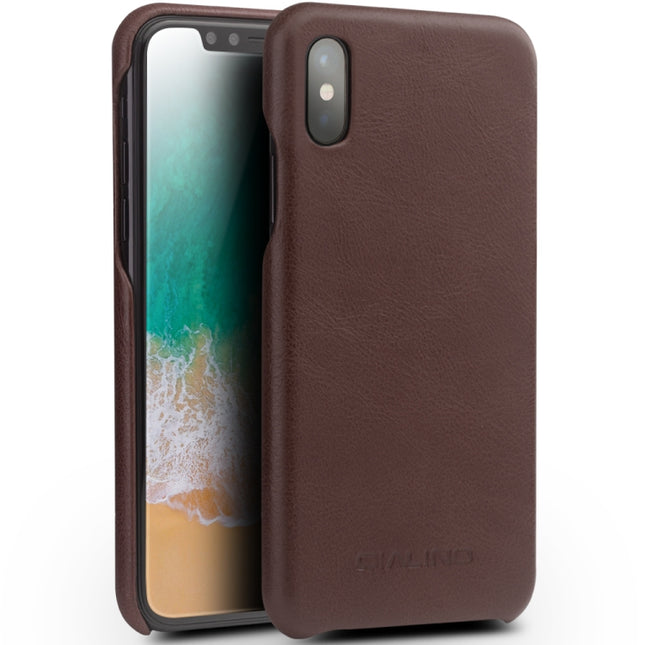 For iPhone X / XS QIALINO Shockproof Cowhide Leather Protective Case(Dark Brown)-garmade.com