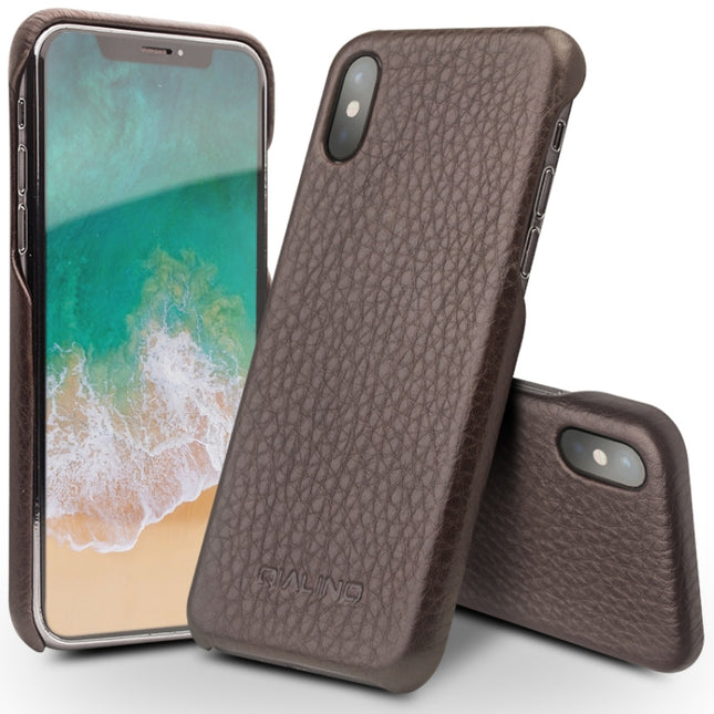 For iPhone X / XS QIALINO Natural Texture Cowhide Leather Protective Case(Dark Brown)-garmade.com