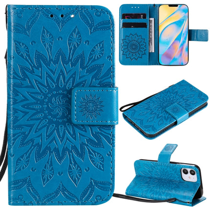 For iPhone 12 mini Pressed Printing Sunflower Pattern Horizontal Flip PU Leather Case Holder & Card Slots & Wallet & Lanyard(Blue)-garmade.com