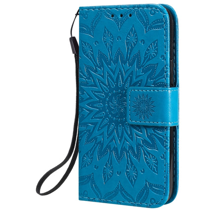 For iPhone 12 mini Pressed Printing Sunflower Pattern Horizontal Flip PU Leather Case Holder & Card Slots & Wallet & Lanyard(Blue)-garmade.com