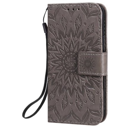 For iPhone 12 mini Pressed Printing Sunflower Pattern Horizontal Flip PU Leather Case Holder & Card Slots & Wallet & Lanyard(Grey)-garmade.com