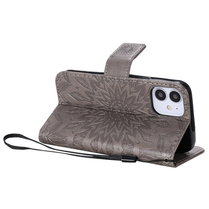 For iPhone 12 mini Pressed Printing Sunflower Pattern Horizontal Flip PU Leather Case Holder & Card Slots & Wallet & Lanyard(Grey)-garmade.com