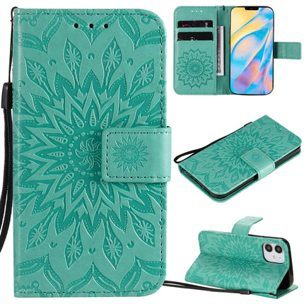 For iPhone 12 mini Pressed Printing Sunflower Pattern Horizontal Flip PU Leather Case Holder & Card Slots & Wallet & Lanyard(Green)-garmade.com