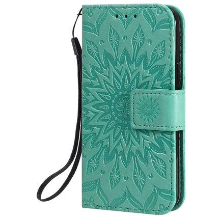 For iPhone 12 mini Pressed Printing Sunflower Pattern Horizontal Flip PU Leather Case Holder & Card Slots & Wallet & Lanyard(Green)-garmade.com