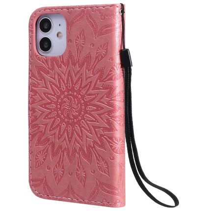For iPhone 12 mini Pressed Printing Sunflower Pattern Horizontal Flip PU Leather Case Holder & Card Slots & Wallet & Lanyard(Pink)-garmade.com