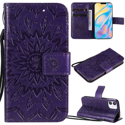 For iPhone 12 mini Pressed Printing Sunflower Pattern Horizontal Flip PU Leather Case Holder & Card Slots & Wallet & Lanyard(Purple)-garmade.com