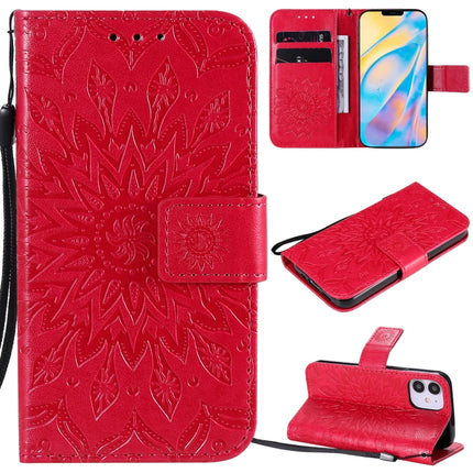 For iPhone 12 mini Pressed Printing Sunflower Pattern Horizontal Flip PU Leather Case Holder & Card Slots & Wallet & Lanyard(Red)-garmade.com