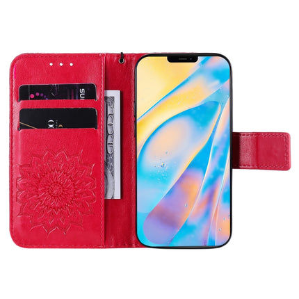 For iPhone 12 mini Pressed Printing Sunflower Pattern Horizontal Flip PU Leather Case Holder & Card Slots & Wallet & Lanyard(Red)-garmade.com