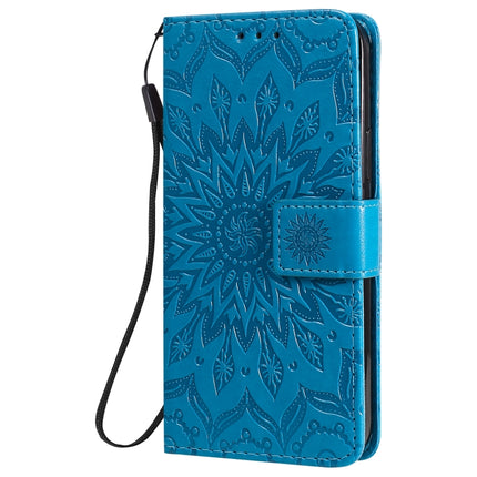 For iPhone 12 / 12 Pro Pressed Printing Sunflower Pattern Horizontal Flip PU Leather Case Holder & Card Slots & Wallet & Lanyard(Blue)-garmade.com