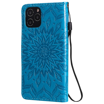 For iPhone 12 / 12 Pro Pressed Printing Sunflower Pattern Horizontal Flip PU Leather Case Holder & Card Slots & Wallet & Lanyard(Blue)-garmade.com