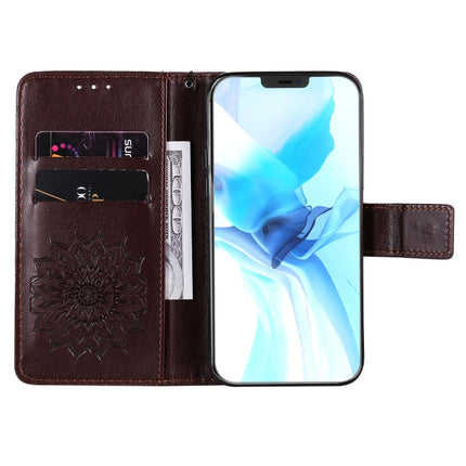 For iPhone 12 / 12 Pro Pressed Printing Sunflower Pattern Horizontal Flip PU Leather Case Holder & Card Slots & Wallet & Lanyard(Brown)-garmade.com