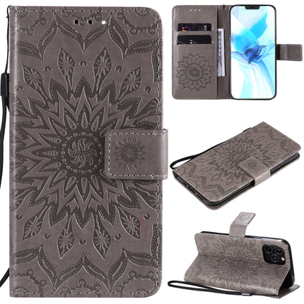For iPhone 12 / 12 Pro Pressed Printing Sunflower Pattern Horizontal Flip PU Leather Case Holder & Card Slots & Wallet & Lanyard(Grey)-garmade.com