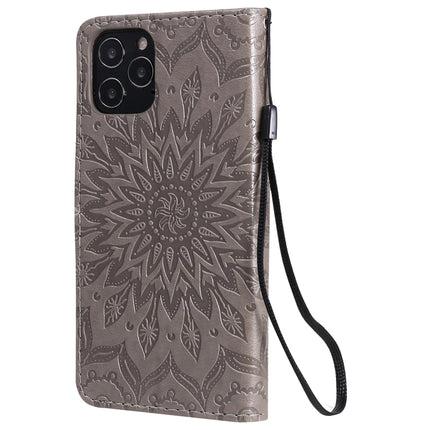 For iPhone 12 / 12 Pro Pressed Printing Sunflower Pattern Horizontal Flip PU Leather Case Holder & Card Slots & Wallet & Lanyard(Grey)-garmade.com