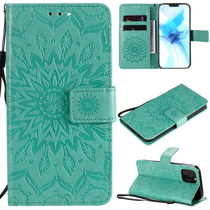 For iPhone 12 / 12 Pro Pressed Printing Sunflower Pattern Horizontal Flip PU Leather Case Holder & Card Slots & Wallet & Lanyard(Green)-garmade.com