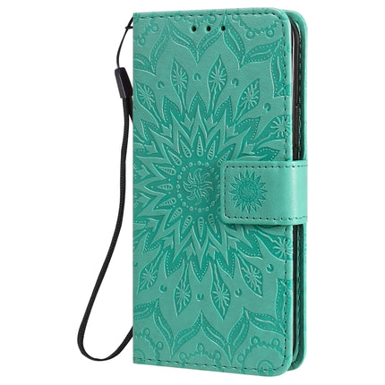 For iPhone 12 / 12 Pro Pressed Printing Sunflower Pattern Horizontal Flip PU Leather Case Holder & Card Slots & Wallet & Lanyard(Green)-garmade.com