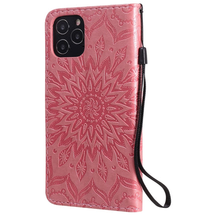 For iPhone 12 / 12 Pro Pressed Printing Sunflower Pattern Horizontal Flip PU Leather Case Holder & Card Slots & Wallet & Lanyard(Pink)-garmade.com