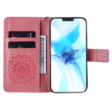 For iPhone 12 / 12 Pro Pressed Printing Sunflower Pattern Horizontal Flip PU Leather Case Holder & Card Slots & Wallet & Lanyard(Pink)-garmade.com