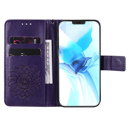 For iPhone 12 / 12 Pro Pressed Printing Sunflower Pattern Horizontal Flip PU Leather Case Holder & Card Slots & Wallet & Lanyard(Purple)-garmade.com