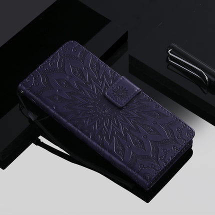 For iPhone 12 / 12 Pro Pressed Printing Sunflower Pattern Horizontal Flip PU Leather Case Holder & Card Slots & Wallet & Lanyard(Purple)-garmade.com