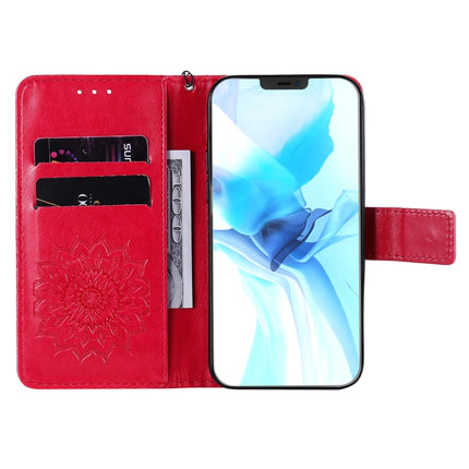 For iPhone 12 / 12 Pro Pressed Printing Sunflower Pattern Horizontal Flip PU Leather Case Holder & Card Slots & Wallet & Lanyard(Red)-garmade.com