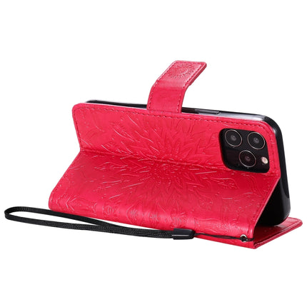 For iPhone 12 / 12 Pro Pressed Printing Sunflower Pattern Horizontal Flip PU Leather Case Holder & Card Slots & Wallet & Lanyard(Red)-garmade.com