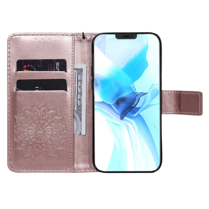 For iPhone 12 / 12 Pro Pressed Printing Sunflower Pattern Horizontal Flip PU Leather Case Holder & Card Slots & Wallet & Lanyard(Rose Gold)-garmade.com