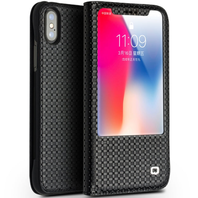 For iPhone XS / X QIALINO Grid Texture Horizontal Flip Leather Case with Smart View Window & Sleep / Wake-up Function(Black)-garmade.com