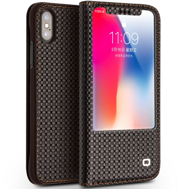 For iPhone XS / X QIALINO Grid Texture Horizontal Flip Leather Case with Smart View Window & Sleep / Wake-up Function(Brown)-garmade.com