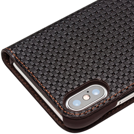 For iPhone XS / X QIALINO Grid Texture Horizontal Flip Leather Case with Smart View Window & Sleep / Wake-up Function(Brown)-garmade.com