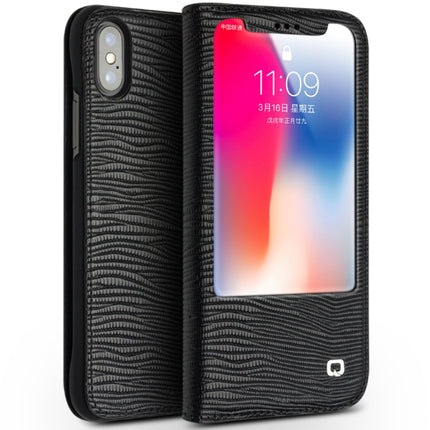 For iPhone XS / X QIALINO Lizard Texture Horizontal Flip Leather Case with Smart View Window & Sleep / Wake-up Function(Black)-garmade.com